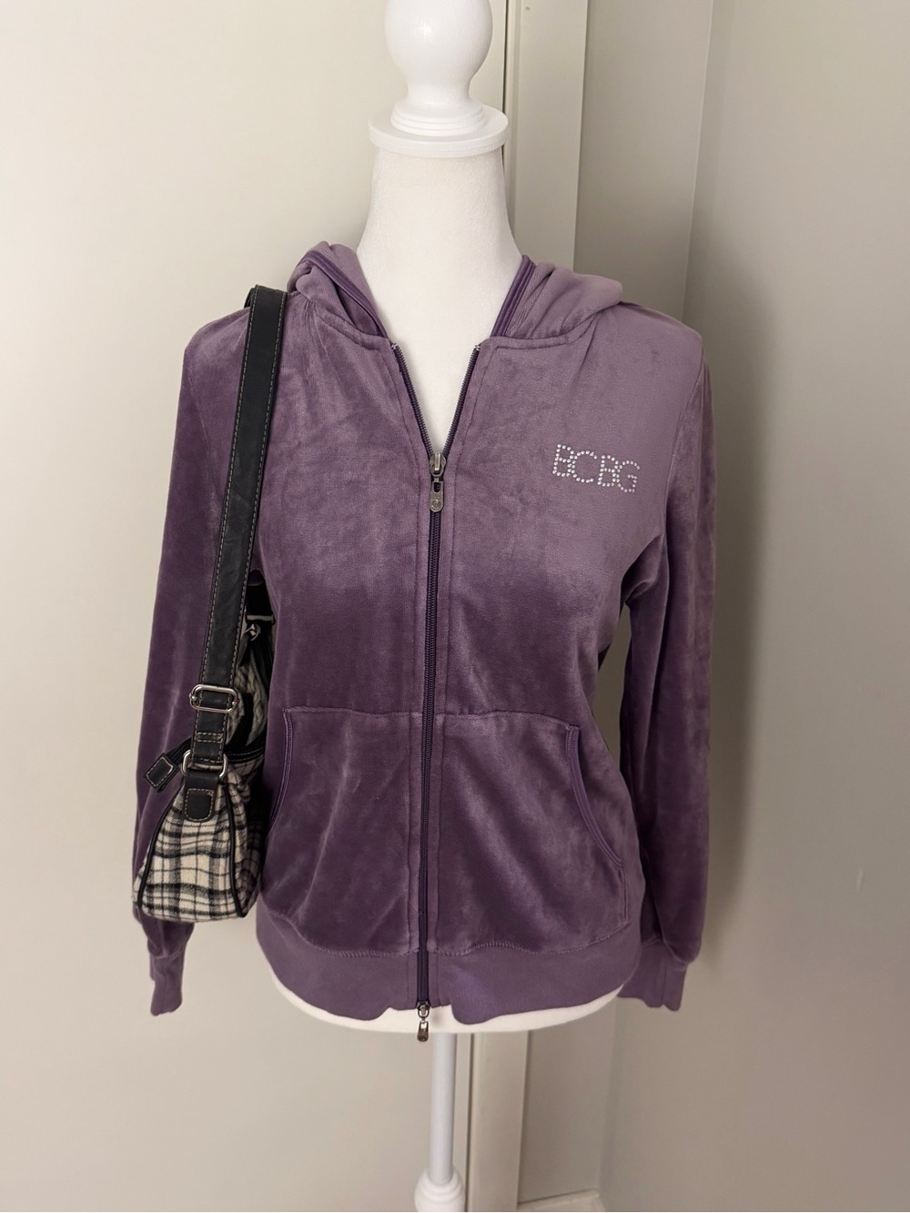 BCBG Bedazzled Logo Purple Velour Zip-Up Hooded Sweatshirt